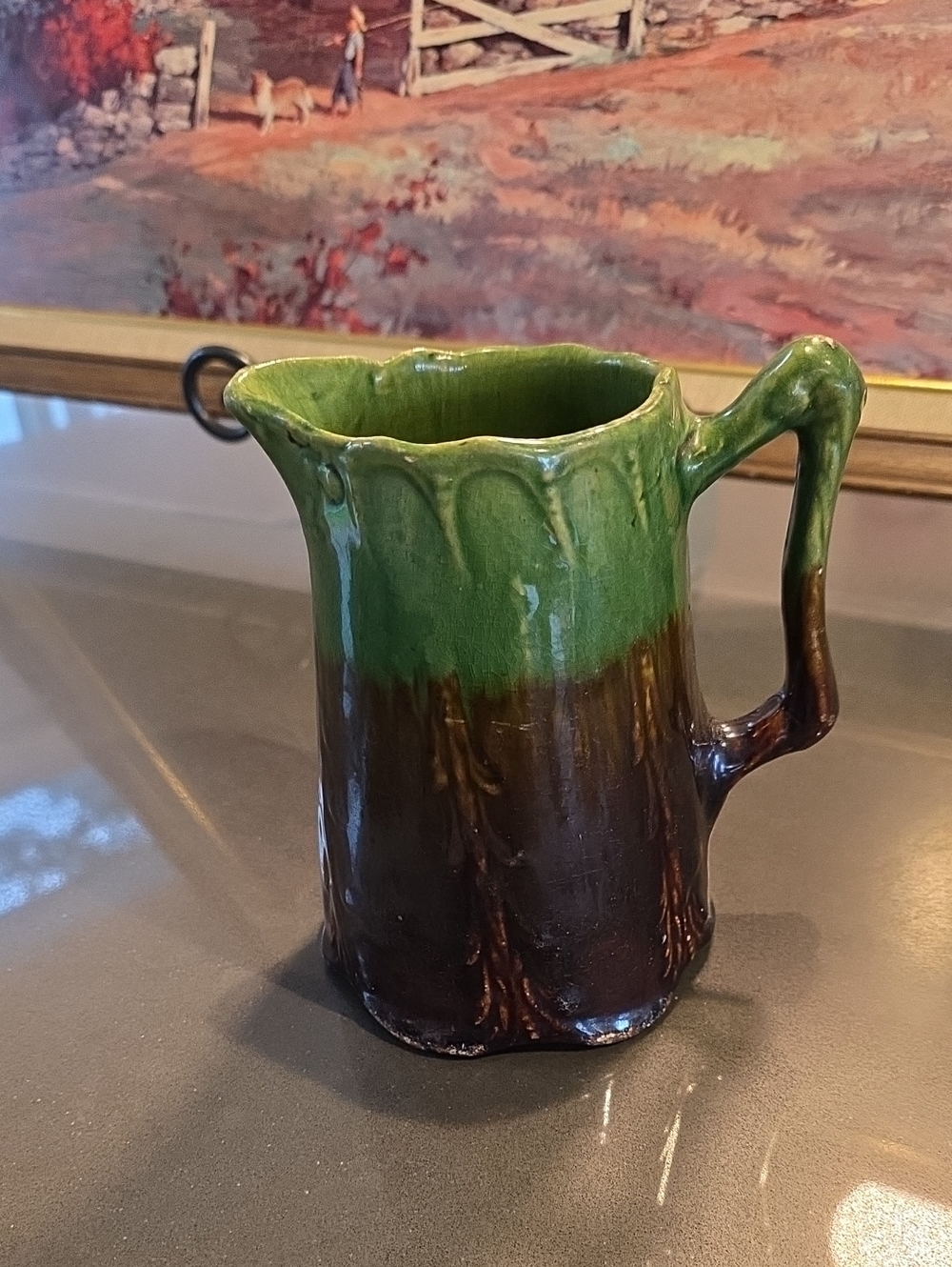 Antique Hand-Glazed Green and Brown Majolica Pitcher - Decorative Home Art